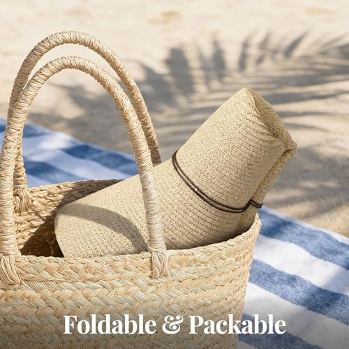Women's Sun Straw Hat Wide Brim Floppy Foldable Hats Beach Travel Summer Vacation Hat UPF 50+ - color: Light Beige