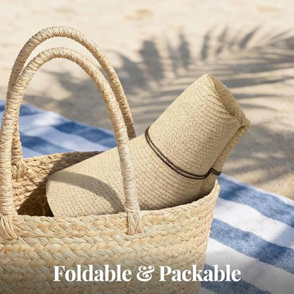 Women's Sun Straw Hat Wide Brim Floppy Foldable Hats Beach Travel Summer Vacation Hat UPF 50+ - color: Light Beige