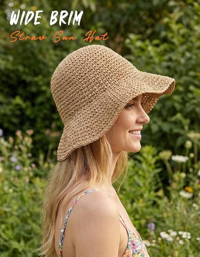 Straw Beach Hats for Women Summer Wide Brim Floppy Packable Foldable Bucket Sun Hat Travel Vacation UV Protection - color: Khaki