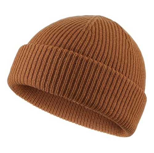 Connectyle Short Fisherman Beanie for Men Women Warm Winter Hats Knit Cuffed Beanies Skull Cap Acrylic Watch Hat - color: Camel