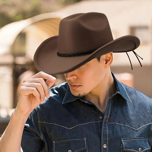 DRESHOW Western Cowboy Hat for Men Women Cowboy Cowgirl Hat Outdoor Wide Brim Retro Felt Fedora Hats Unisex Rolled up Caps - color: 1 Pack Style 8: Coffee