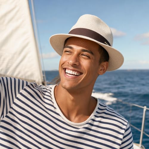 Straw Panama Hat for Men Women, Beach Sun Fedora Hat - color: Off White-brown