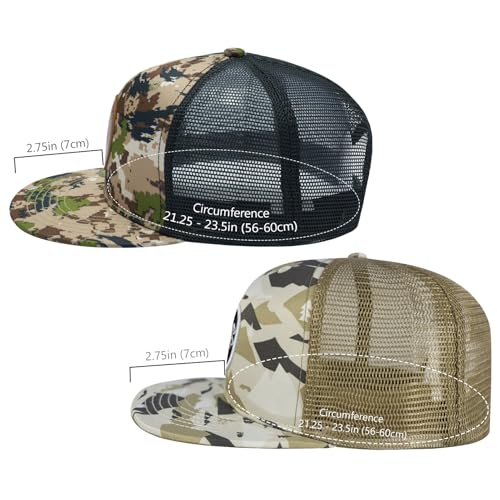 BASSDASH 2 Pack Flat Brim Trucker Cap Adjustable Snapback Hat Mesh Back for Men Women Fishing Hunting - color: Pack of 2, Highland & Mountain Camo