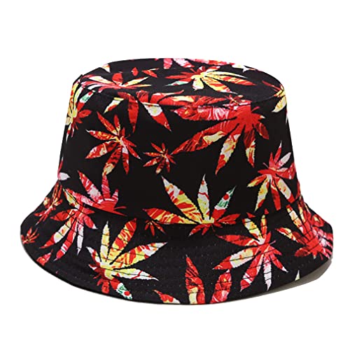 Quanhaigou Bucket Hat for Men Women,Packable Reversible Printed Sun Hats,Fisherman Outdoor Summer Travel Hiking Beach Caps - color: Black Red Leaf