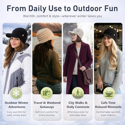 TOP-EX DryKnit Waterproof Visor Beanie for Women, Fleece Lined Winter Hat - color: Beige