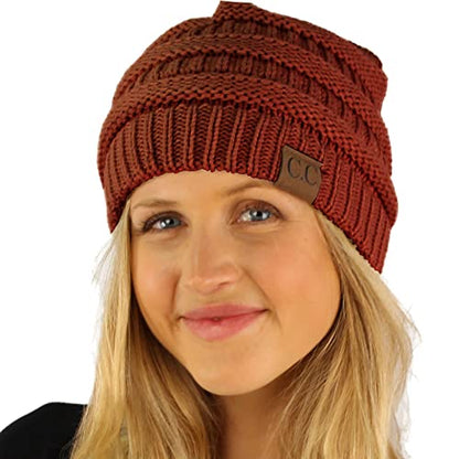 CC Classic Winter Fall Trendy Chunky Stretchy Cable Knit Beanie Hat - color: Solid Chestnut Red