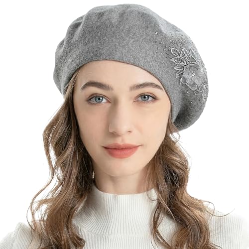 ZLYC Women French Beret Hat Reversible Solid Color Mosaic Warm Artist Cap - color: Flower Gray