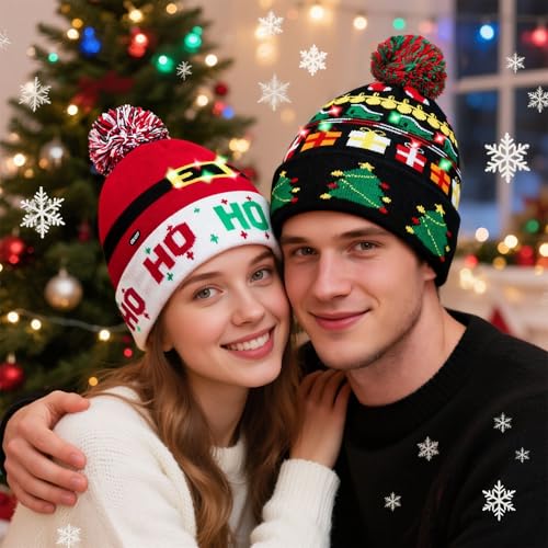 Christmas Hat 2 Pack Light Up Knitted Beanie Hat Xmas Santa Holiday Cap LED Lights - color: Red+red