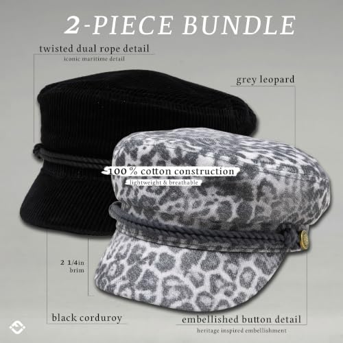 Funky Junque Greek Fisherman Newsboy Cap, Cotton Captains Bakerboy Hat - color: 2 Pack - Corduroy - Black & Leopard - Black/Grey