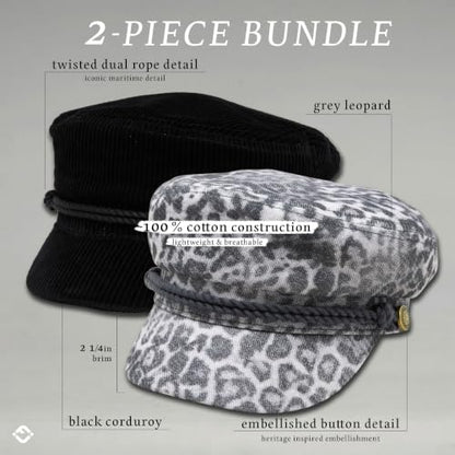 Funky Junque Greek Fisherman Newsboy Cap, Cotton Captains Bakerboy Hat - color: 2 Pack - Corduroy - Black & Leopard - Black/Grey