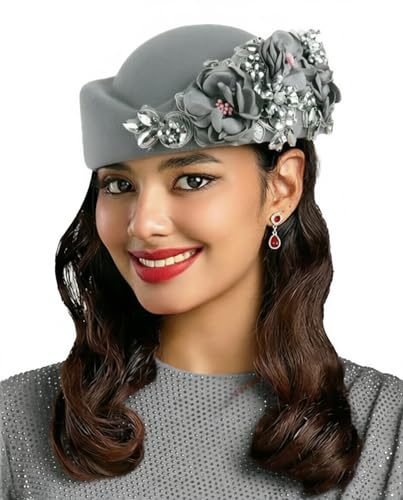 ORIDOOR Women's American and British Felt hat Church Derby Wedding Tea Party Crystal Flower Decoration Beret hat - color: 01-silver-gray