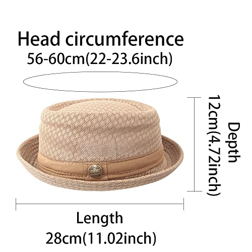 Summer Mesh Pork Pie Hat,Men Women Straw Fedora Cap,Lightweight Bowler Cap - color: Khaki+grey