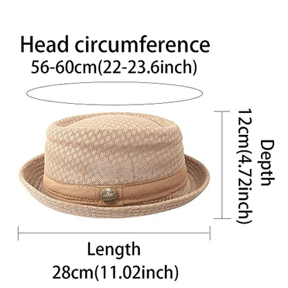 Summer Mesh Pork Pie Hat,Men Women Straw Fedora Cap,Lightweight Bowler Cap - color: Khaki+grey