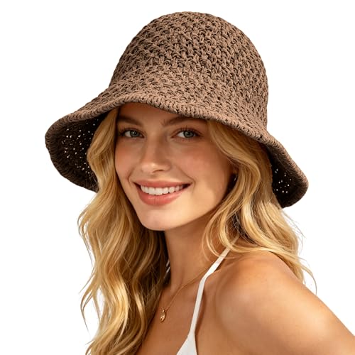 Sun Hat for Women Summer Straw Beach Hats Bucket Hat Floppy Crochet Hat - color: Coffee