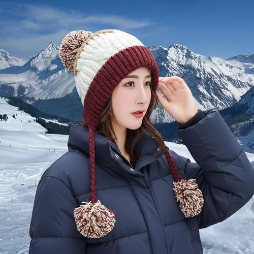 HUAMULAN Women Winter Sherpa Knit Beanie Hat Fleece Lined Ear Flaps - color: M8375-jiuhong