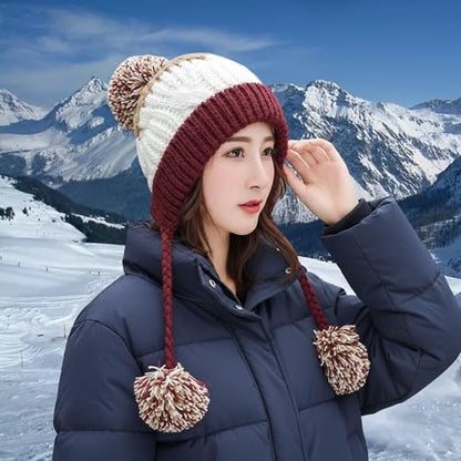 HUAMULAN Women Winter Sherpa Knit Beanie Hat Fleece Lined Ear Flaps - color: M8375-jiuhong