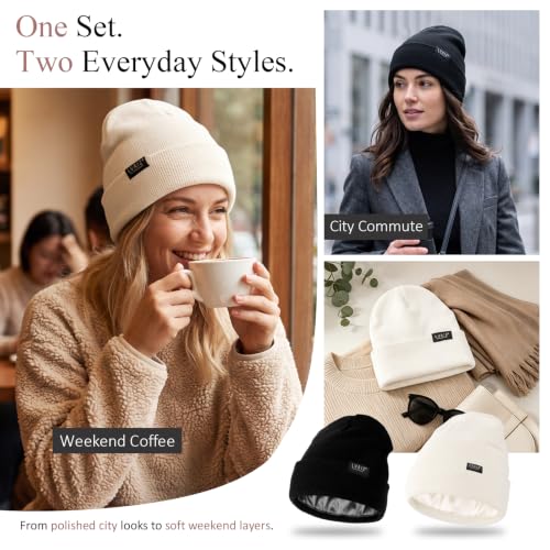 2 Pack Satin Lined Beanies for Men and Women Warm Cuffed Winter Hats - color: Black+white
