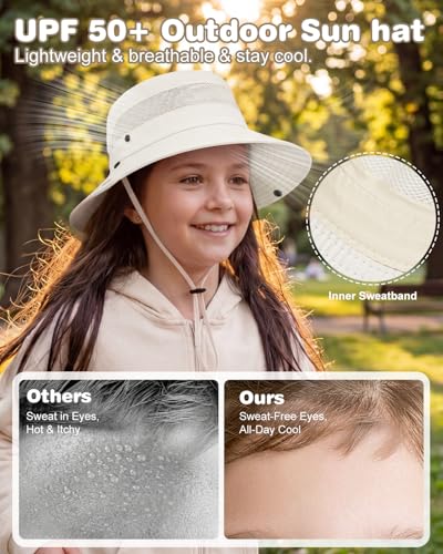 Century Star Kids Sun Hat with Ponytail Hole & Detachable Neck Flap UPF50+ Quick Dry Girls Bucket Hat for Outdoor Beach - color: Beige