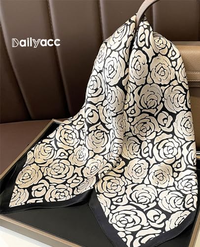 Dailyacc Hair Bandanas Scarf For Women Lightweight Fashion Neck Silk Satin Head Scarves For Sleeping Handbags Scarf - color: 28-black Peony/27.5*27.5in