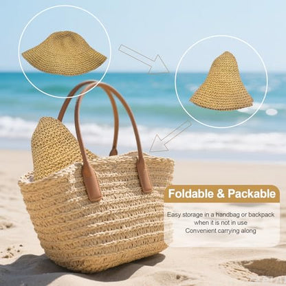 Woven Straw Hat for Women Foldable Summer Beach Hat Wide Brim Floppy Bucket Hat - color: Beige