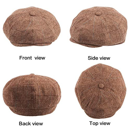 LADYBRO 8 Panel Newsboy Hats for Men Cap Irish Wool Blend Tweed, Adjustable - color: 002 Plaid Brown, size: 7 3/4-8