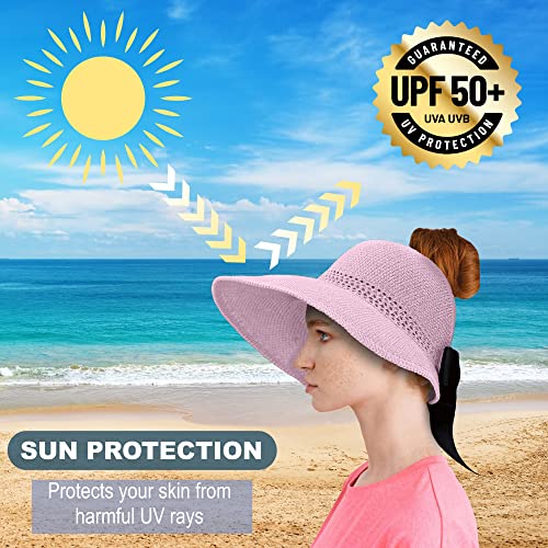 Straw Sun Visor for Women, Wide Brim UPF 50+ Protection Beach Hat, Adjustable, Roll Up Foldable Ponytail Cap with Chin Strap - color: A Light Pink