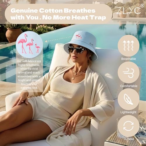 ZLYC Cotton Bucket Hat for Women Men Embroidered Packable Summer Sun Cap - color: Blue Flamingo