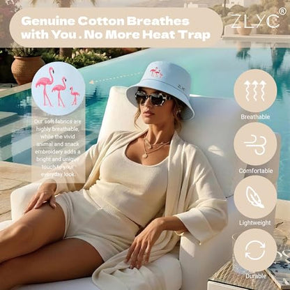 ZLYC Cotton Bucket Hat for Women Men Embroidered Packable Summer Sun Cap - color: Blue Flamingo