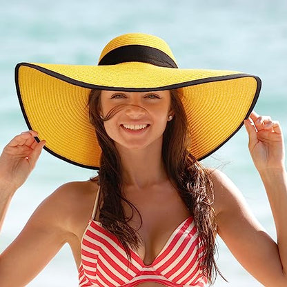 AQOKKA Beach Hats for Women Men Big Straw Wide Brim Summer Hat Floppy Foldable Roll up Cap for Beach Outdoor UPF 50+ - color: 1 Pack: Bow Knot Yellow