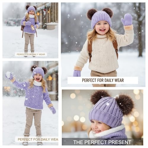Kids Winter Beanie Scarf Gloves Set - Thermal Fleece Lined Knit Hat, Soft Neck Warmer & Mittens for Girls & Boys 1-10 Years - color: Purple-s, size: 1-5 years