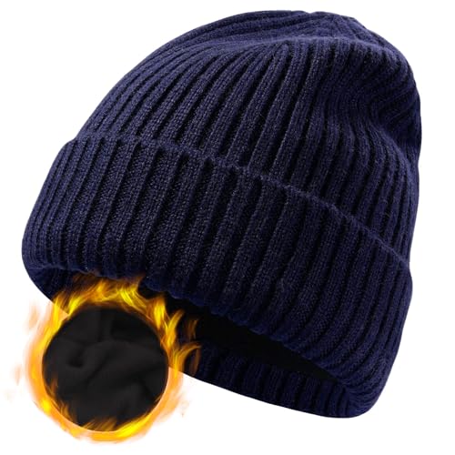 ZTL M/L/XL/XXL Merino Wool Beanie for Men Women, Fleece Lined Large Winter Hat, Big Knitted Cuffed Beanie Ski Skull Cap - color: Navy Blue, size: X-Large-XX-Large