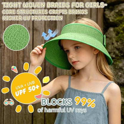 Girls Sun Visor Hat with Ponytail Hole Wide Brim Beach Straw Visor UPF 50+ - color: 1pack-grass Green