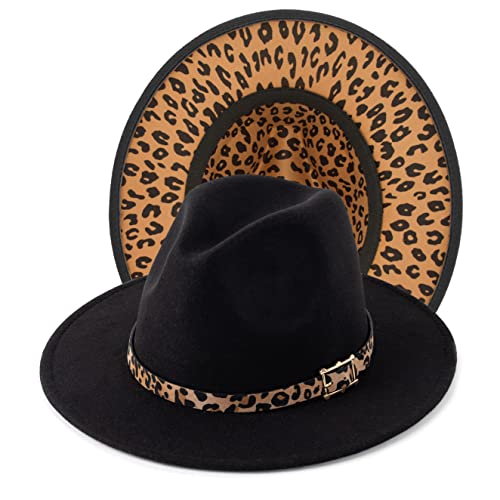 Women's Wide Brim Felt Fedora Panama Hat with Leopard - color: Y-black & Leopard