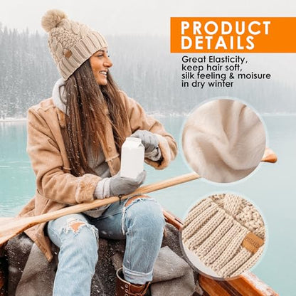 Women's Winter Pompom Beanie Warm and Cozy Knit Hat Fleece Lining Skull Cap for Women - color: Orange