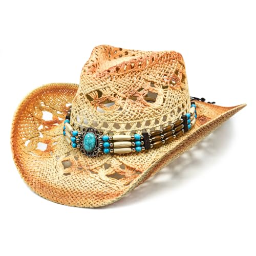FLUFFY SENSE. Cowgirl Hats for Women Straw Cowboy Hat Western Beach Sun Hat with Shapeable Brim for Coastal Cowgirl - color: Sandstone Tan