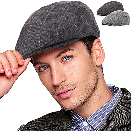 2-Pack Adjustable Newsboy Hats for Men Flat Cap Irish Wool Blend Tweed - color: Plaid Black+grey 2pack, size: X-Large-XX-Large