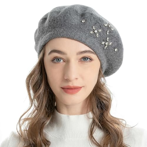 ZLYC Women French Beret Hat Reversible Solid Color Mosaic Warm Artist Cap - color: Embroidered Flower Vine Gray