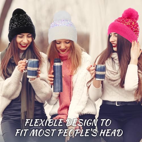 4 Pcs Sequin Pom Pom Beanie Winter - color: Black, Rose Red, White, Gold