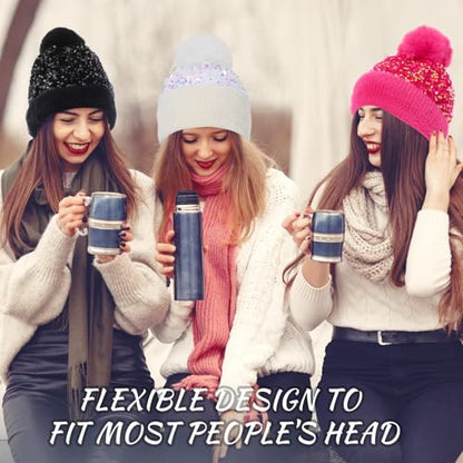 4 Pcs Sequin Pom Pom Beanie Winter - color: Black, Rose Red, White, Gold