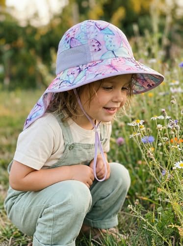 icolor Kids Sun Hat UPF50+ Sun Protection Bucket Hat Toddler Summer Beach Play Hats with Neck Flap for Girl Boy Ages 3~10 - color: Butterfly
