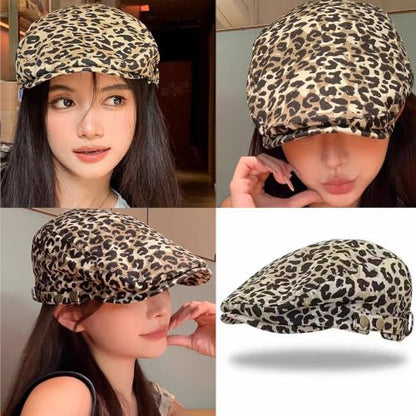 Retro Leopard Beret Cap 20s-Gatsby Fashion Cows Newsboy Caps Cotton Blend Ivy Flat Cabbie Hat Medium - color: Khaki-leopard-nb