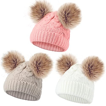 Geyoga 3 Pcs Winter Baby Beanies Double Pompom - color: Leather Pink, White, Khaki