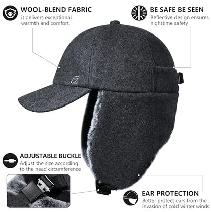 GADIEMKENSD Unisex Winter Wool Baseball Cap with Faux Fur Lined Ear Flaps, Trapper Hat with Reflective Line - color: Grey