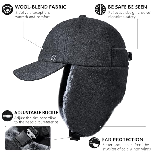 GADIEMKENSD Unisex Winter Wool Baseball Cap with Faux Fur Lined Ear Flaps, Trapper Hat with Reflective Line - color: Grey