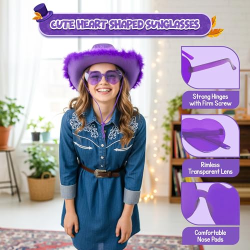 4E's Novelty Cowboy Hat with feathers With Heart Shaped Sunglasses for Women, Felt Cowgirl Hat for Party Costume Dress Up - color: Purple