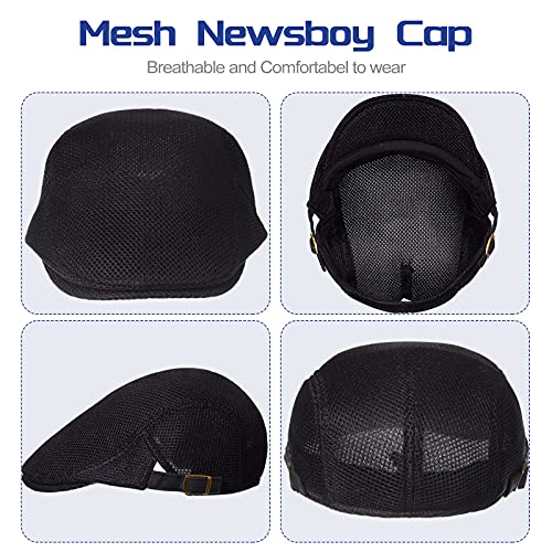 Geyoga 3 Pcs Mesh Newsboy Cap, Adjustable Mesh Cap - color: Black, Deep Gray, Royal Blue
