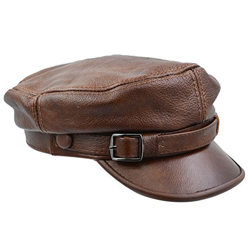 Unisex Genuine Leather Greek Fisherman Sailor Fiddler Driver Hat Flat Cap - color: Brown, size: Large