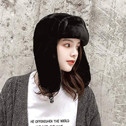 Adults Winter Cozy Plush Ushanka Russian Hat Windproof Full Hood Earflap Hat Warm Cold Proof Ski Hunting Cycling Trapper Hats - color: Black