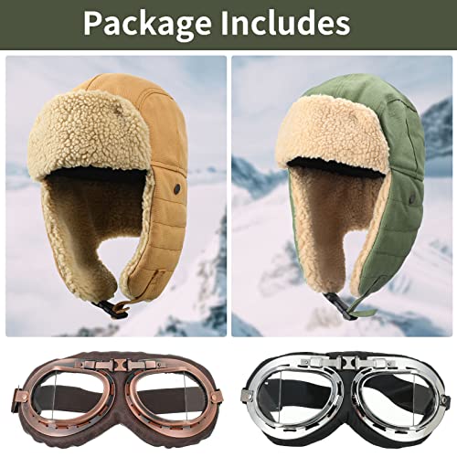JaGely 4 Pcs Pilot Hat and Goggles Flight Costume Accessories Pilot Helmet Cap with Ear Flaps Hat Adults Winter - color: Green and Khaki, style: Classic