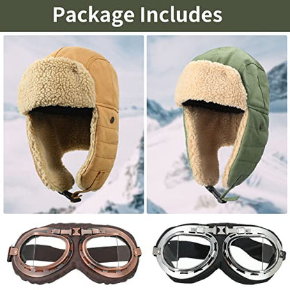 JaGely 4 Pcs Pilot Hat and Goggles Flight Costume Accessories Pilot Helmet Cap with Ear Flaps Hat Adults Winter - color: Green and Khaki, style: Classic